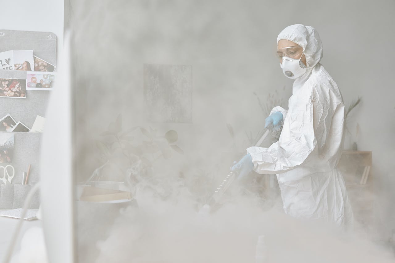 services-03 A woman in a protective suit disinfects an indoor space with fogging equipment.