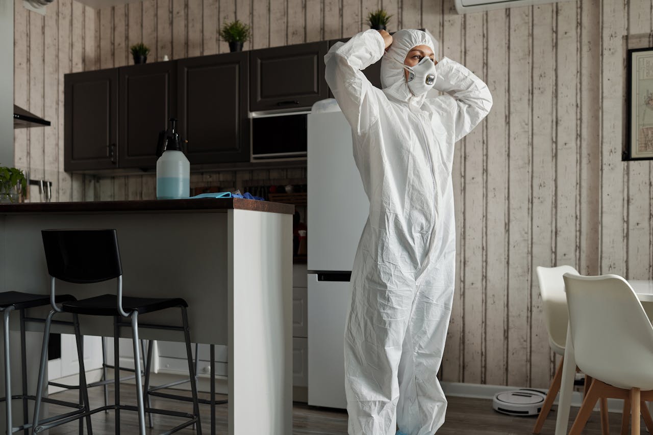 hero-img Individual in protective gear standing in a contemporary kitchen setting during the day.